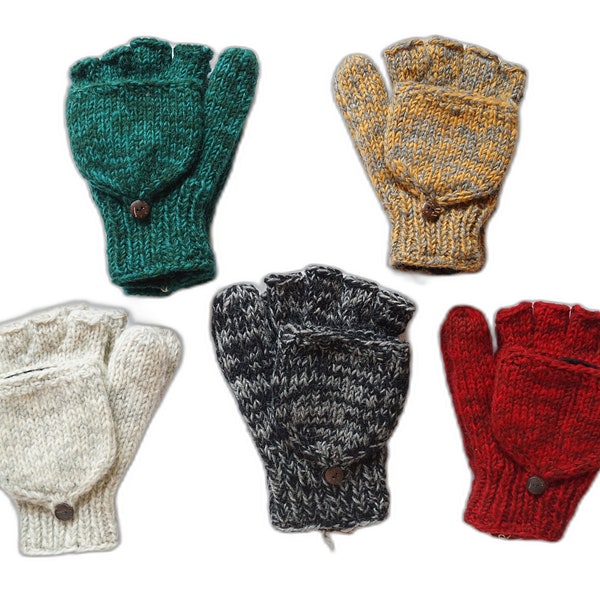 Mitaines pliantes tricotées à la main Gants en laine de mouton Mitaines chauffe-mains Fils chinés Rouge Vert Blanc Jaune Noir Gris - fait main au Népal