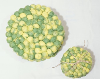 Felt Ball Coasters: Lemon Green Wool Trivets, Handmade in Nepal