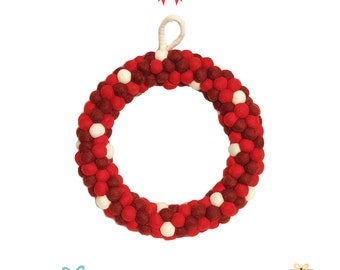 Corona navideña de bolas de fieltro: pompones de lana hechos a mano para colgar en la puerta (30 cm)