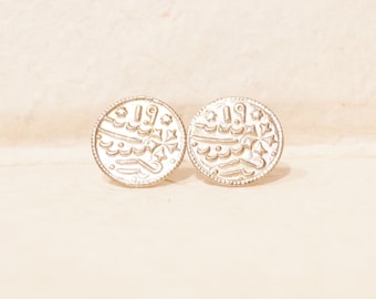 Handmade 999 Fine Silver Coin Stud Earrings: Nepali Asharfi Design