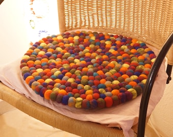 Felt Ball Seat Cushion: 40cm Round Wool Mat, Colorful Tie-Dye Carpet