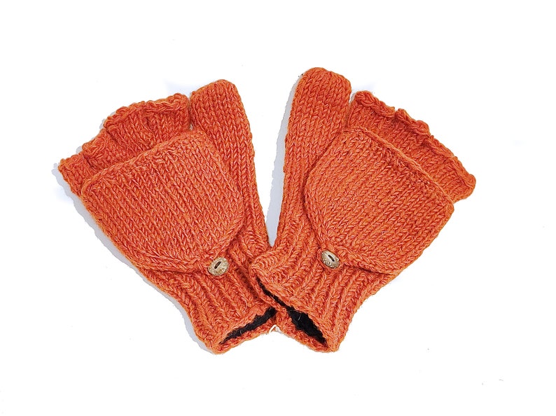 Klappfäustlinge Klapphandschuhe handgestrickt Schafwolle Handschuhe Handwärmer Fäustlinge Anthrazit Weiß Grün Orange Rot Blau Nepal Orange