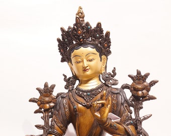 GREEN TARA Copper Figure | Buddha Statue | 32,5 cm 13" 3.5 kg | Gold plated face | Handcrafted in Nepal | Authentic