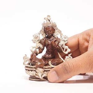Green Tara Statue: Silver Plated Copper Figure, Handcrafted Nepal