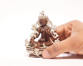 Green Tara Copper Figure Silver Plated | Buddha Statue | 9 cm 200 g | Handcrafted in Nepal | Dolma | Shyamtara