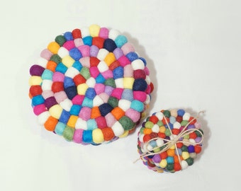 Felt coasters 10cm 20cm | Round | Rainbow wool ball mat | Colorful Cup Pot Vase Trivets | Set of 6 | Made in Nepal