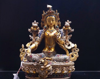 GREEN TARA Figure with filigree, Copper Statue, 14 cm 5.5" 620 g, Gold-plated, Silver-plated, Handcrafted in Nepal