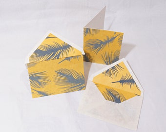 Lokta Greeting Card with matching envelope | Grey feathers in Mustard | DIN A6 Folded card and C6 cover | Handmade in Nepal | Screen-printed