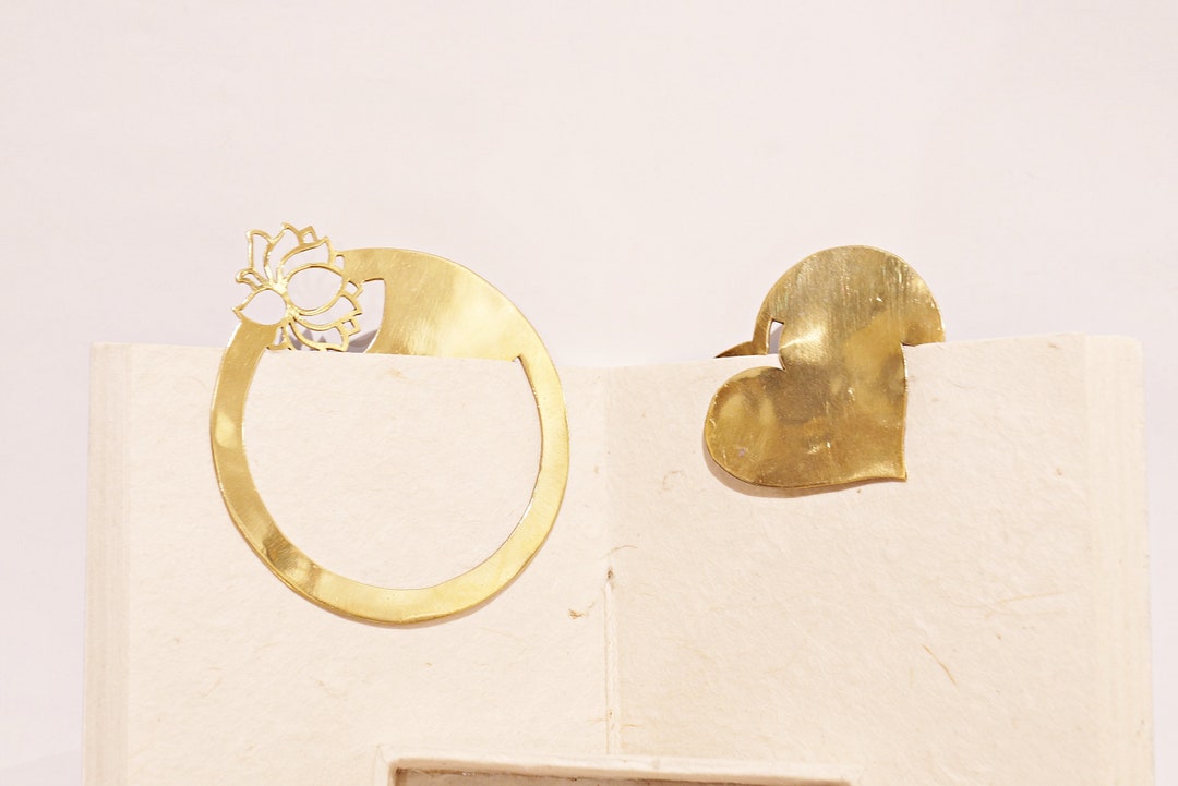 Brass Bookmarks Handmade Metal Bookmarks Lotus and Heart Handcrafted