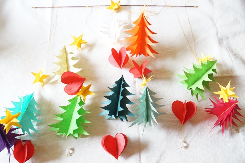 Christmas Mobile Handmade Christmas Garland Tree forest Lokta-Paper Garland Hand-sewn festive decoration, Windchime, 60x50cm, Made in Nepal image 6