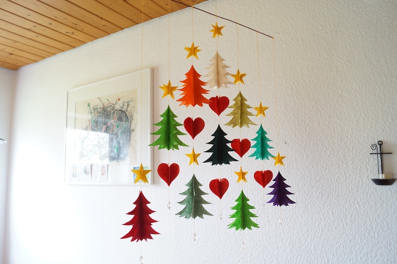 Christmas Mobile Handmade Christmas Garland Tree forest Lokta-Paper Garland Hand-sewn festive decoration, Windchime, 60x50cm, Made in Nepal image 5