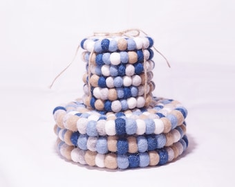 Felt Ball Coasters: Wool Trivet, Colorful Kitchen Decor - Handmade in Nepal