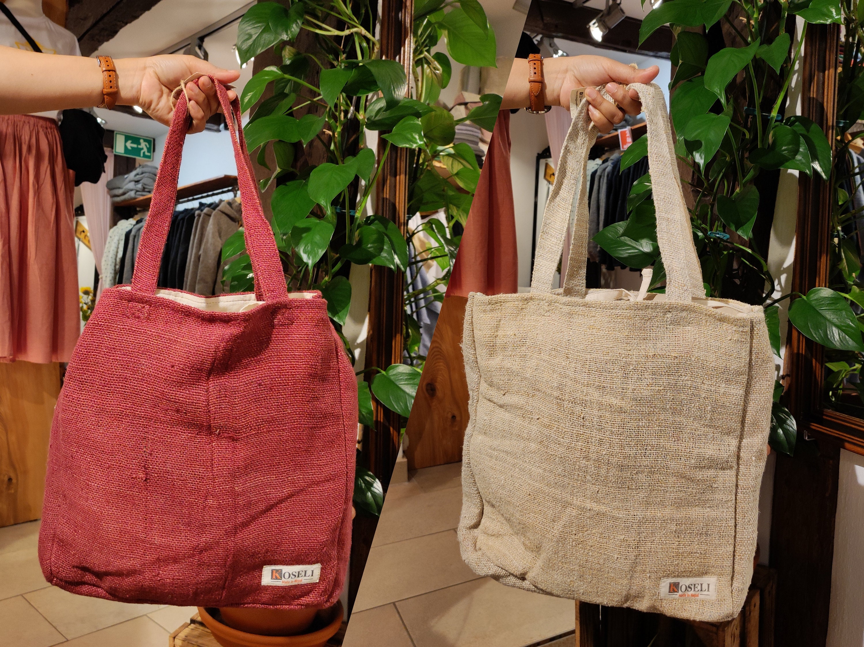 Hemp tote bag | Shopping & Picnic Bag | Handbag | Shopper | City tote | Hemp and Cotton Shoulder bag | Red and Natural | Handmade in Nepal