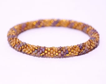 Nepalese Glass Bead Bracelet: Gold Crochet Roll-on Bangle