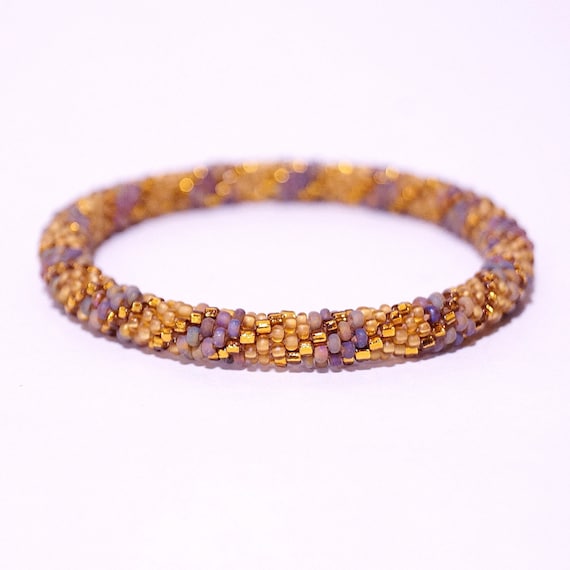 Nepalese Glass Bead Bracelet: Gold Crochet Roll-on Bangle