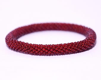 Nepali Glass Bead Crochet Bracelet: Maroon Red Roll-On Bangle