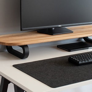 Solid Oak/Black Monitor Stand Double Shelves - justwoodit