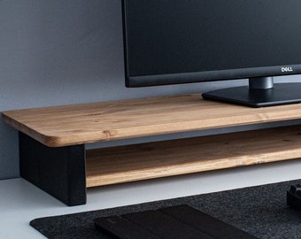 Oak Finish Monitor Stand: Solid Wood iMac Riser with Shelf