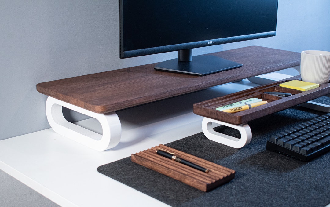 Set Solid Oak Monitor Stand Custom Size Desk Organiser Etsy