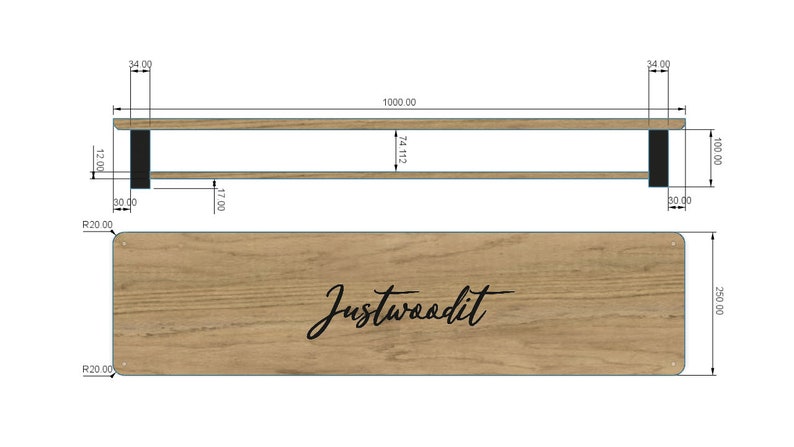 Pu&ograve; includere: Uno scaffale in legno con staffe in metallo nero e il testo "Justwoodit" stampato sul davanti. Lo scaffale &egrave; lungo 1000,00 cm, largo 24,112 cm e alto 250,00 cm.