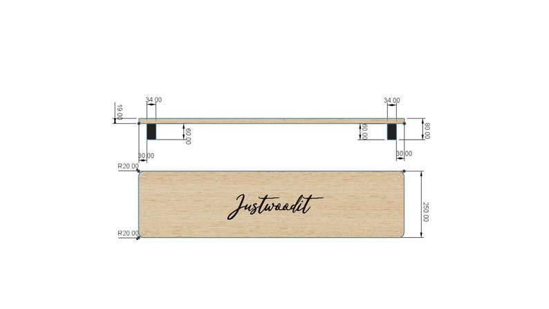 May include: A wooden sign with the text "Justwoodit" in black cursive lettering. The sign is 25.00 inches long and 3.00 inches wide.