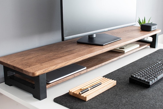 Real Oak Monitor Stand: Custom Size Wooden Desk Shelf with Storage