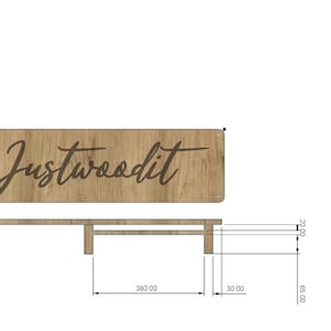 May include: A wooden sign with the text "Justwoodit" in brown lettering. The sign is mounted on a wooden frame with three legs.