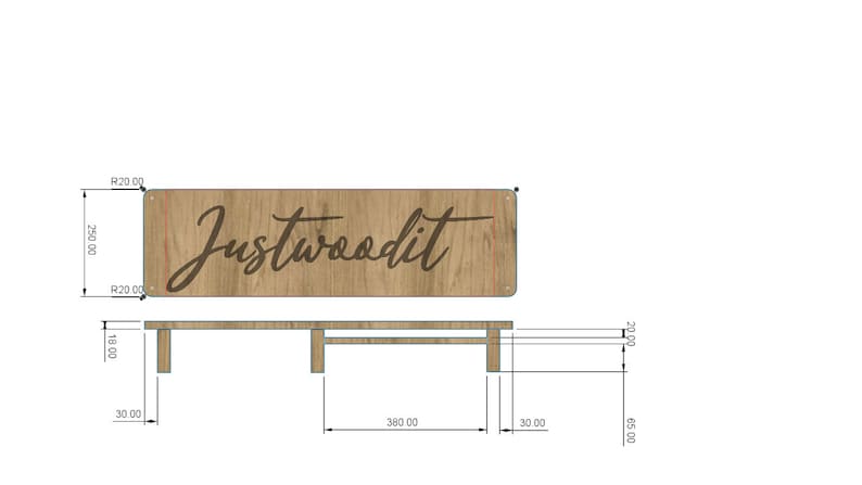 May include: A wooden sign with the text "Justwoodit" in brown lettering. The sign is mounted on a wooden frame with three legs.