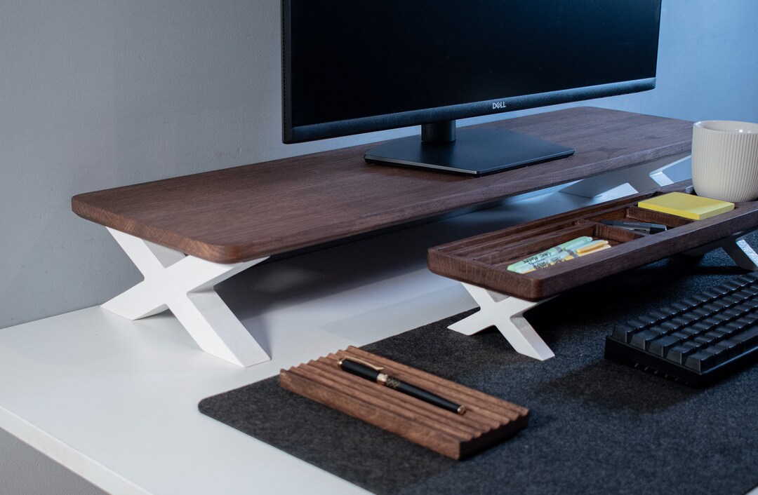 Set Solid Oak Monitor Stand Custom Size Desk Organiser Etsy