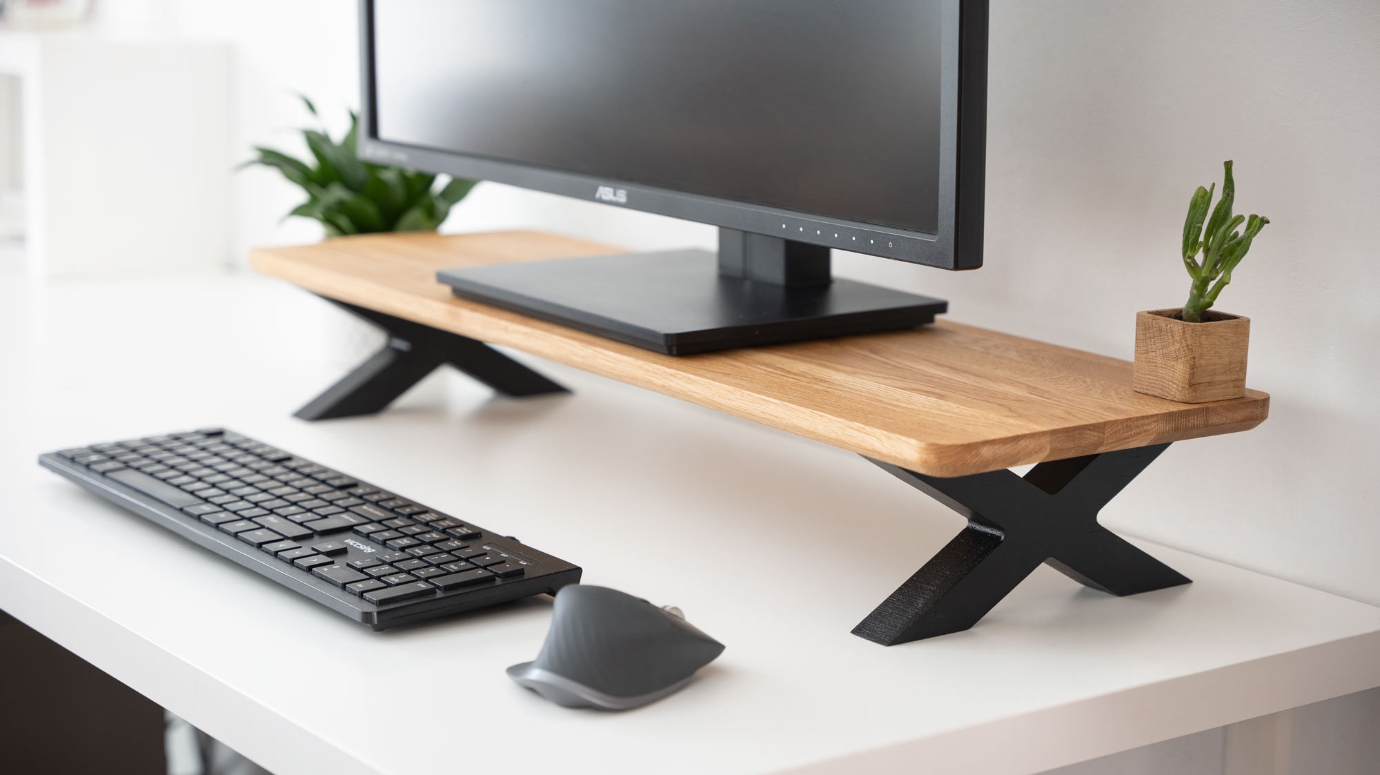 Solid Oak/Black Monitor Stand Double Shelves - justwoodit