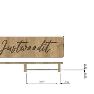 May include: A wooden sign with the text "Justwoodit" engraved on it. The sign is 38 inches wide and 2.5 inches tall. It is mounted on a wooden stand with legs that are 30 inches tall.