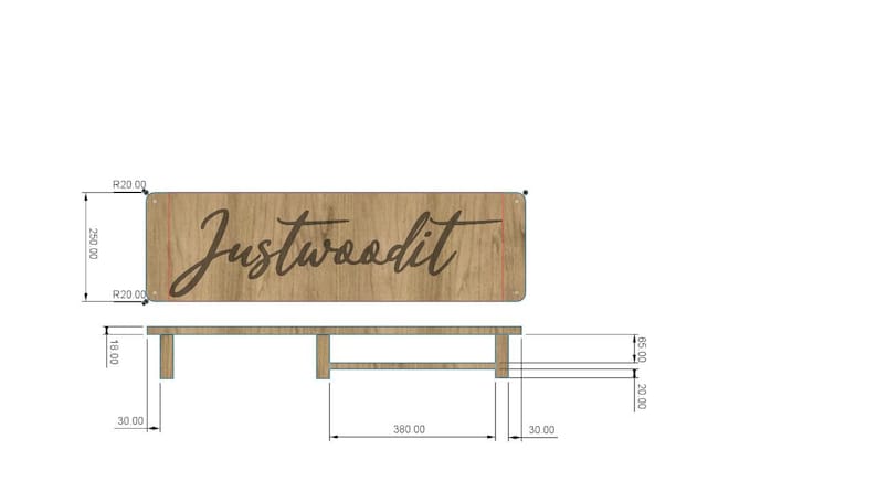 May include: A wooden sign with the text "Justwoodit" engraved on it. The sign is 38 inches wide and 2.5 inches tall. It is mounted on a wooden stand with legs that are 30 inches tall.