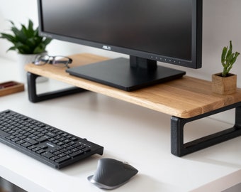 Stojak na monitor z prawdziwego dębu, niestandardowy rozmiar, stojak na monitor z miejscem do przechowywania, półka na biurko z drewna, niestandardowe kolory, biuro domowe, stojak na iMaca, prezent dla niego