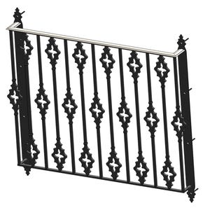 Puede incluir: Barandilla de metal negro con un patrón de diamante decorativo. La barandilla está unida a una pared y tiene un riel superior blanco.