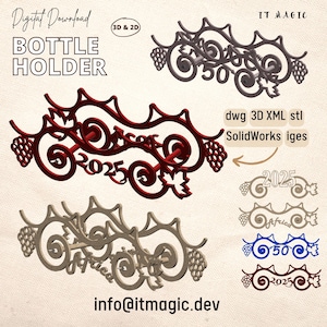 Pode incluir: Um download digital de um modelo 3D para um porta-garrafas. O porta-garrafas tem a forma de uma videira com uvas e tem a data 2025. O modelo está disponível em vários formatos, incluindo dwg, 3D, XML, stl, SolidWorks e iges.