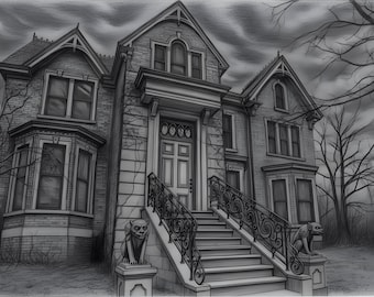 Gothic Haunted Manor Digital Print, Victorian Dark Academia Wall Art, Spooky Victorian House Illustration for Goth Decor