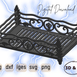 May include: A black metal fireplace grate with ornate scrollwork and leaf details. The grate is designed for use in a fireplace and has a rectangular shape. The grate is a digital download and available in 2D and 3D formats.
