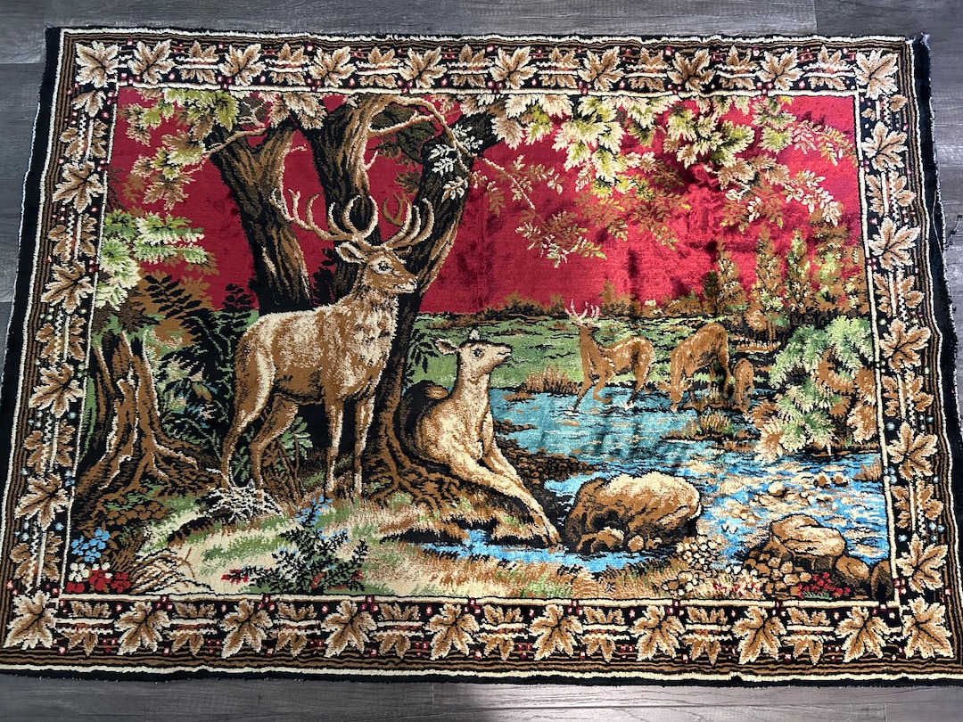 Vintage Deer Tapestry Velvet Wall Hanging Rug 54 37 Etsy