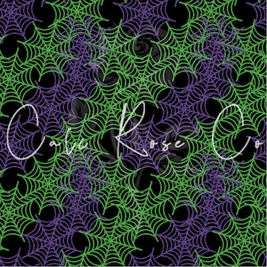 DIGITAL SEAMLESS PATTERN Green and purple glitter spider webs on black