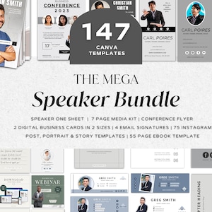 147 Page Mega Speaker Canva Bundle | Speaker One Sheet | Email Signature | Unique Business Card | Speaker Media Kit | eBook Template Canva