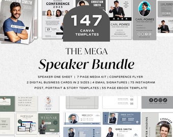 May include: A digital marketing bundle for speakers, featuring 147 Canva templates. The bundle includes a speaker one sheet, media kit, conference flyer, business cards, email signatures, Instagram posts, portrait and story templates, and an ebook template.