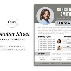 Speaker Sheet | Speaker One Sheet | Keynote Speaker | Speaker Template | Motivational Speaker | Coaching Templates | Life Coach | One Sheet