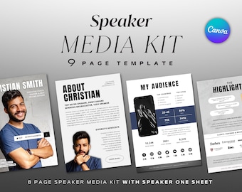 May include: A speaker media kit template with a 9-page design. The template features a speaker's headshot, a section about the speaker, a section about their audience, and a section highlighting their accomplishments. The template is designed to be used by speakers to promote their services and attract new clients.