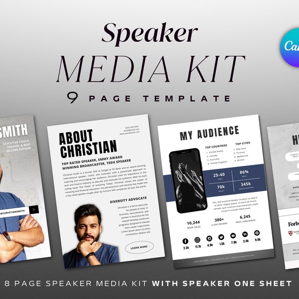 Speaker Media Kit | Speaker One Sheet Bundle Canva Template | Speaker Sheet | Motivational Speaker Flyer | Speaker Press Kit