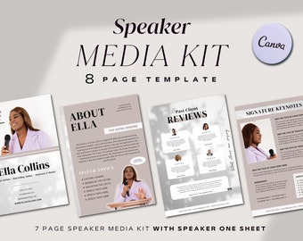 May include: A speaker media kit template with a light brown background. The template includes a speaker one sheet, about the speaker, speech topics, past client reviews, and signature keynotes. The template is designed for a female speaker and includes a photo of the speaker.