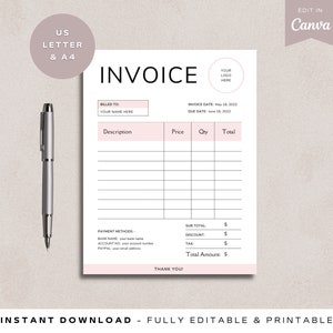 May include: A pink and white printable invoice template with the text "INVOICE" in a large font. The template includes fields for billing information, description, price, quantity, total, subtotal, discount, tax, and total amount. The template also includes a space for a logo and a thank you message.