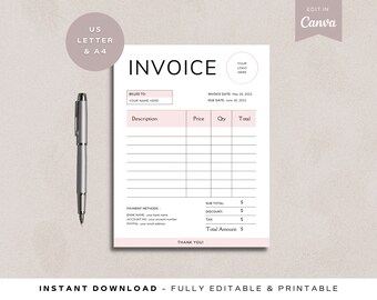 Pink Invoice Template Download | Invoice Template | Invoice Template with Logo | Order Form Template | Business Invoice Canva