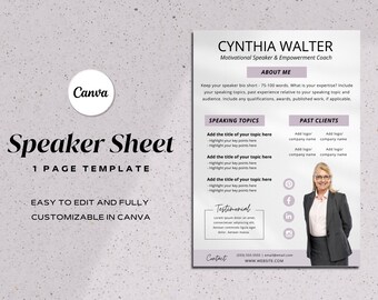 May include: A speaker sheet template with a white background and a light purple border. The template includes a section for the speaker's name, title, and a brief bio. There are also sections for speaking topics, past clients, and a testimonial. The template is easy to edit and fully customizable in Canva.