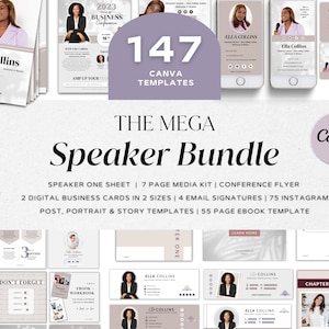 Mega Speaker Canva Bundle | Speaker One Sheet | Email Signature | Unique Business Card | Speaker Media Kit | Ebook Template Canva