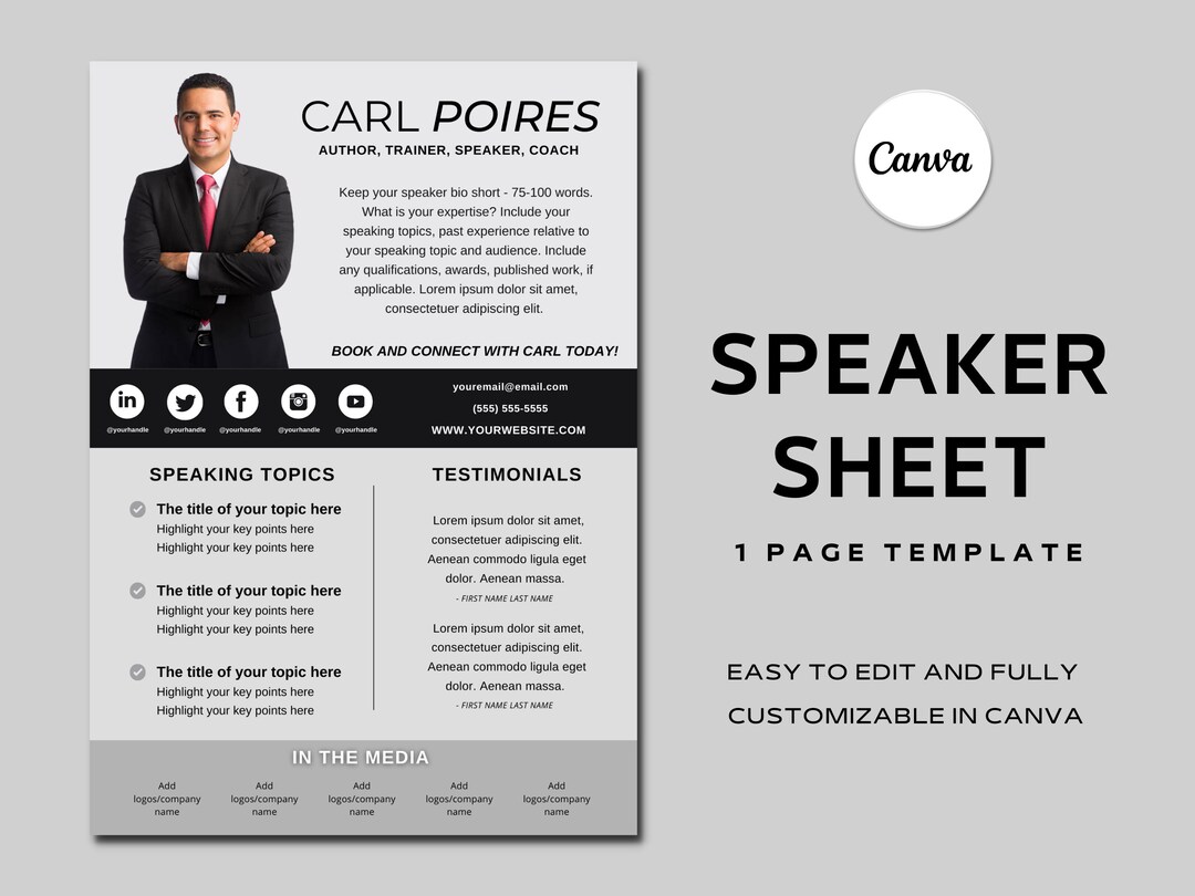 Black Gray Speaker One Sheet Canva Template Speaker Sheet